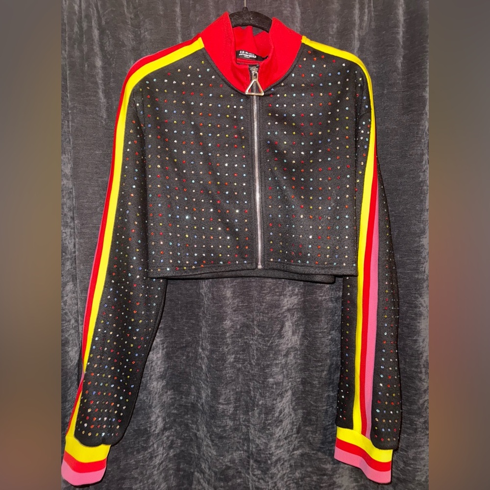Jaded London Black Bomber Jacket with Red and Yellow Stripes